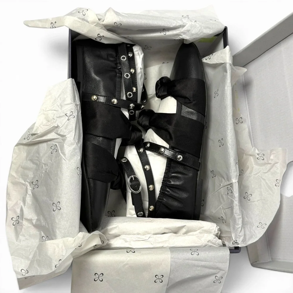 NIB Anthropologie Maeve Moto Ballet Flats EU 38/7-7.5 Black Leather Studded $178